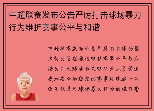 中超联赛发布公告严厉打击球场暴力行为维护赛事公平与和谐 中超联赛发布公告严厉打击球场暴力行为维护赛事公平与和谐