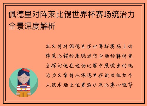 佩德里对阵莱比锡世界杯赛场统治力全景深度解析
