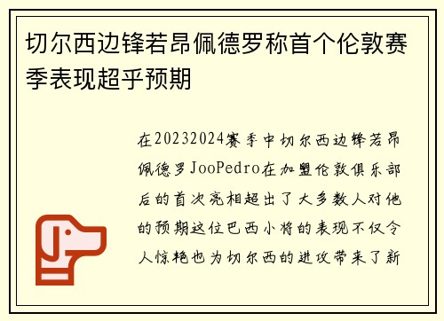 切尔西边锋若昂佩德罗称首个伦敦赛季表现超乎预期